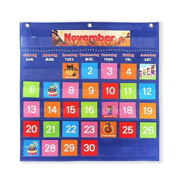 Blue Calendar Pocket Chart with 88 Cards for Classroom Monthly Weather Kindergarten Teacher Supplies
