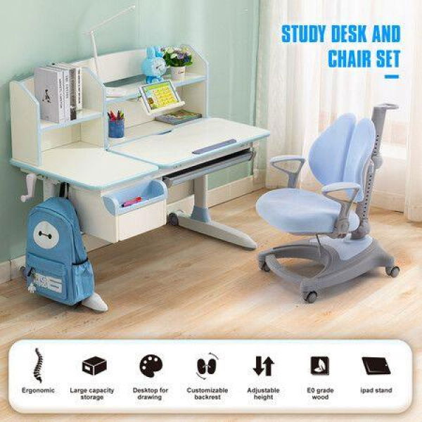 Blue Ergonomic Children Kids Study Desk And Chair Set Height Adjustable Storage Shelf Drawer