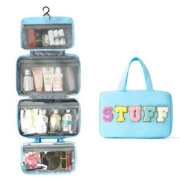 Blue Large Capacity Cosmetic Four Foldable Bag Hand Carried Foldable Wet Dry Portable Hanging Toiletries