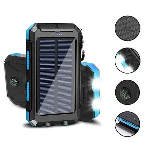 Blue Outdoor Solar Charger 20000mAh LED Lighting Waterproof Mobile Power Bank
