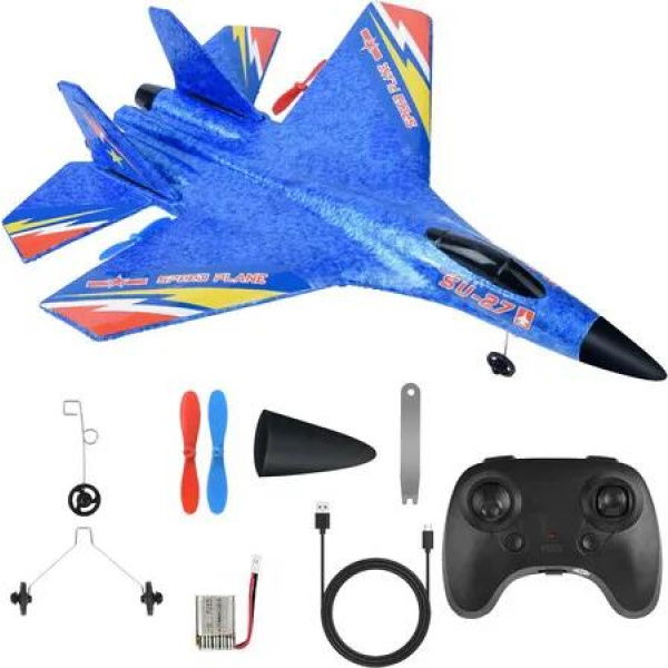 Blue RC Plane Remote Control Glider Airplanes 2.4 GHZ 2 Channels, Easy to Fly RC Fighter, RC Aircraft with Automatic Balance Gyro for Kids Beginner