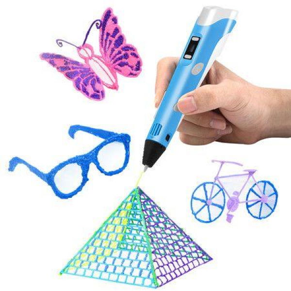 (Blue)3D Printing Pen with Display - Includes 3D Pen, 3 Starter Colors of PLA Filament