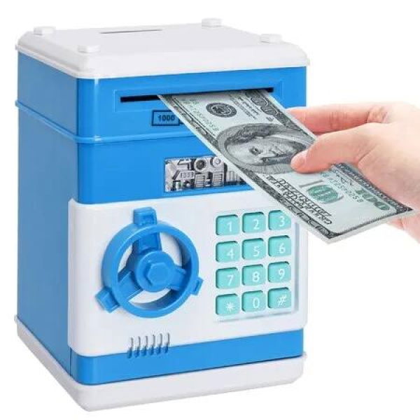 (Blue)Electronic Password Piggy Bank Cash Coin Can Auto Scroll Paper Money Saving Box Toy for 6 7 8 9 10 11 12 Years Old Kids Gifts
