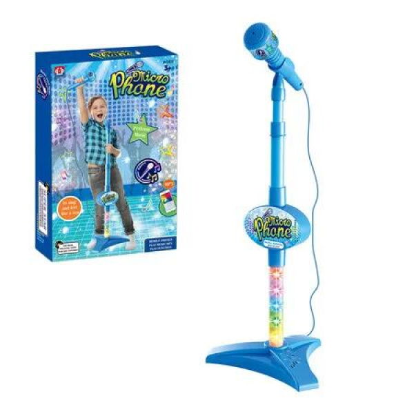 (Blue)Kids Karaoke Microphone Musical Toys - Kids Karaoke Adjustable Stand With External Music Function & Flashing Lights Toy for Kids Children Girls