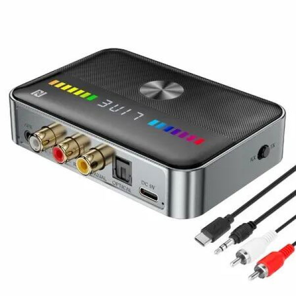 Bluetooth 5.3 Transmitter Receiver 2-in-1 Adapter HiFi Audio Receiver with LED Display and NFC 3.5mm AUX RCA Optical Coaxial USB for PC/TV/Car