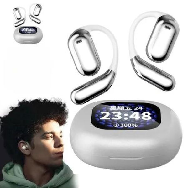 Bluetooth AI Translator Wireless Open Earphone 144 Language Real-Time Translate LED Full-Color Touch Screen Earphones Color Silver And White
