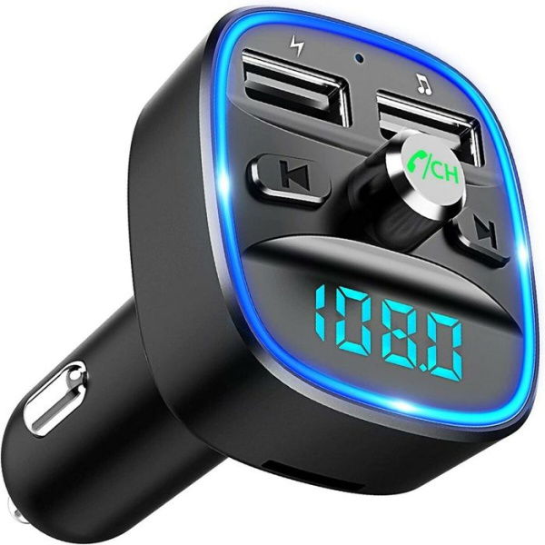 Bluetooth FM Transmitter For Car Ambient Ring Light Wireless Radio Car Receiver Adapter Kit With Hands-Free Calling Dual USB Charger (Black)