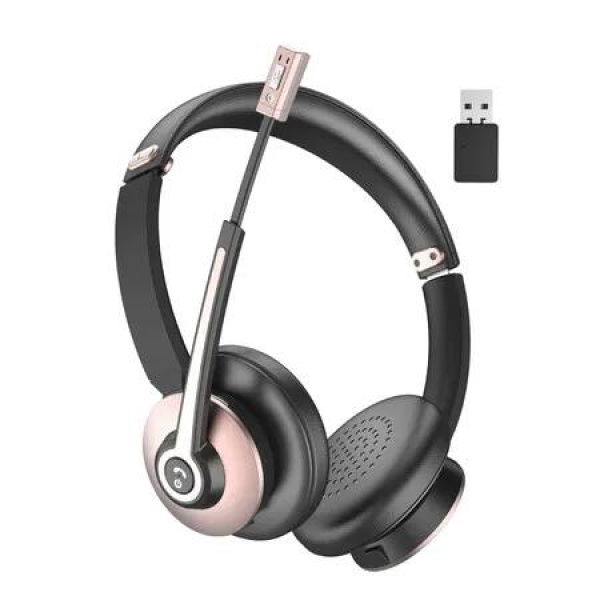 Bluetooth Headset with Microphone,Wireless Headset with Noise Cancelling Mic,On Ear Headphone with USB Dongle & Mute Button,26hrs Talk time for PC/Office/Zoom/Skype Rose Gold