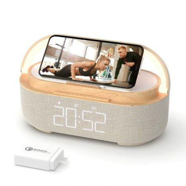 Bluetooth Speaker with Alarm Clock Wireless Charger LED Night Light FM Radio Portable Home Audio