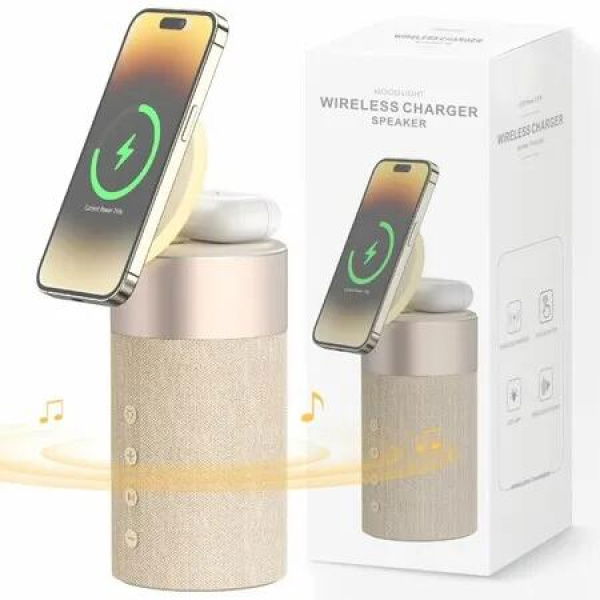 Bluetooth Speaker with Night Light - 3 in 1 Mag-Safe Wireless Charger for iPhone 15/14/13/12 Series, AirPods Pro/3/2