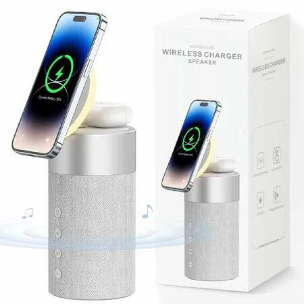 Bluetooth Speaker with Night Light - 3 in 1 Mag-Safe Wireless Charger for iPhone 15/14/13/12 Series, AirPods Pro/3/2