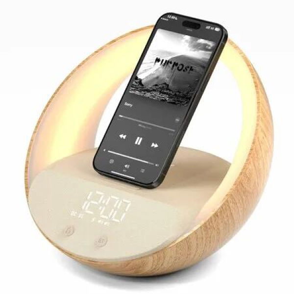 Bluetooth Speaker with Wireless Charger,Sunrise Simulation Wake Up Night Light for Bedroom Adjustable LED RGB Mode(Wood)