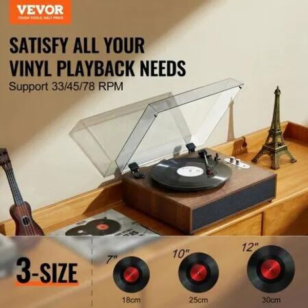 Bluetooth Vinyl Record Player 3-Speed Belt Driven Turntable 10W Speakers