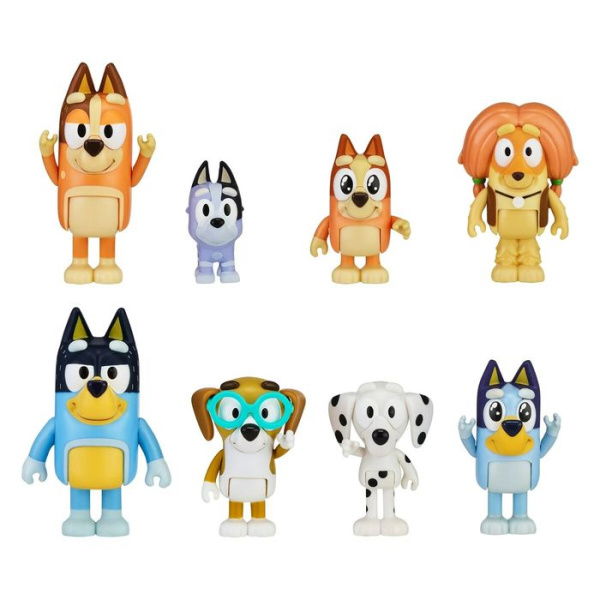 Blueys Family And Friends - 8 Pack: Bluey Bingo Chilli (Mum) And Dad (Bandit) Honey Socks Chloe And Indy Figures.