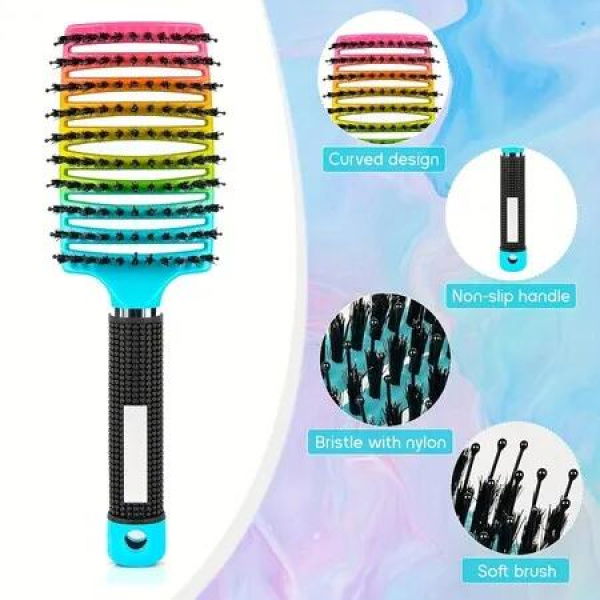 Boar Bristle Curved Hair Brush For Detangling Wet Or Dry Long Thick Hair Color Coloful