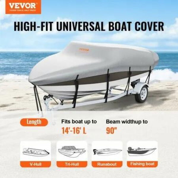 Boat Cover 600D Waterproof 14-16 ft Boat Cover V-Hull Tri-Hull Runabout