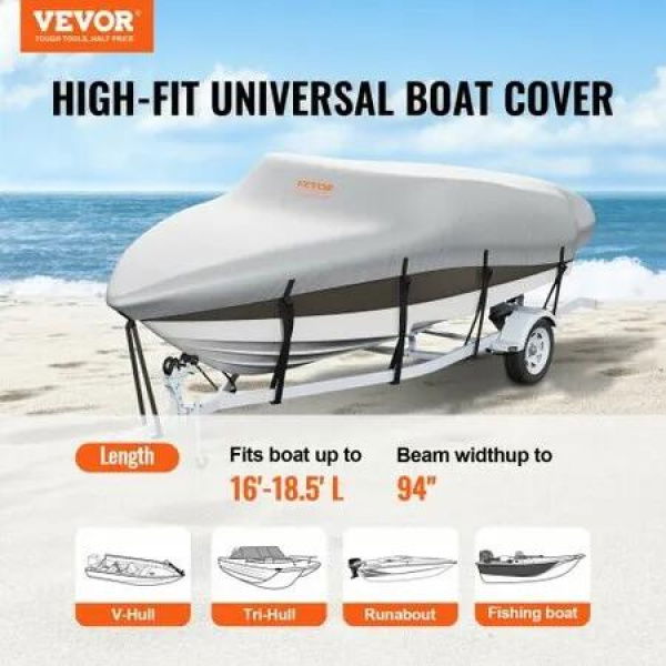 Boat Cover 600D Waterproof 16-18.5 ft Boat Cover V-Hull Tri-Hull Runabout