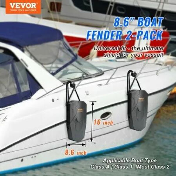 Boat Fenders, 8.6 x 16 Boat Bumpers for Docking, Marine EVA Boat Dock Fender Bumper with Ropes, Cord Locks and Storage Bag, No Inflation Required, for Class A/Class 1/Part Class 2, Black