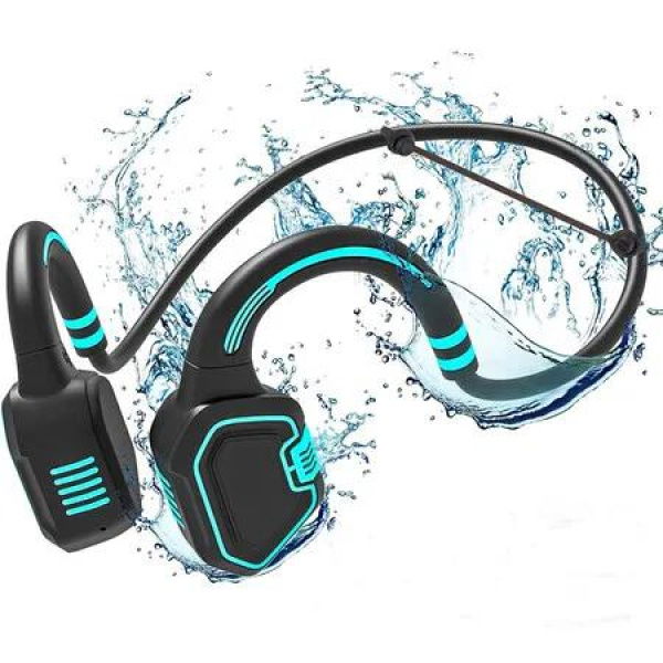 Bone Conduction Swimming Headphones, IP68 Waterproof Open-Ear, Underwater Sport Headphones for Swim, Workout, Cycling (Blue)