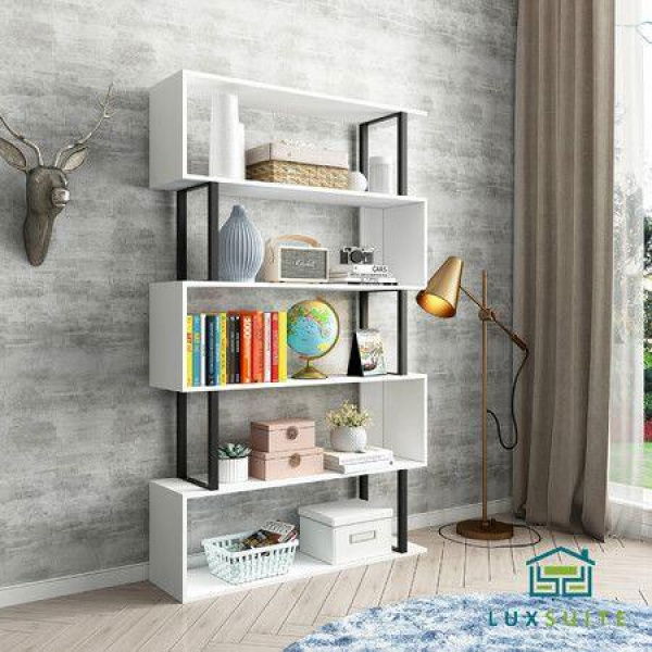 Bookshelf Display 5 Tier Shelf S Shape CD DVD Photo Storage Media Rack Plant Ornament Holder Metal Shelving Black Room