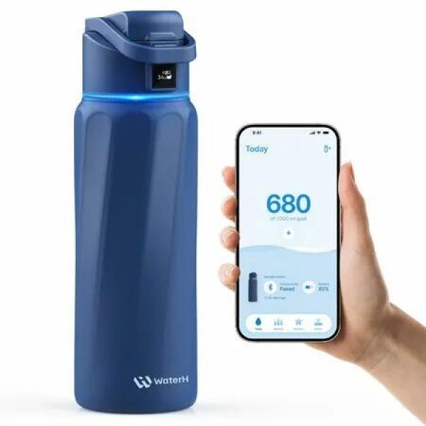 BOOST Smart Water Bottle with Reminder and Tracker - Double Wall Vacuum Insulated Stainless Steel, Wide Mouth 32 oz, Ideal Gift - Magnetite Blue