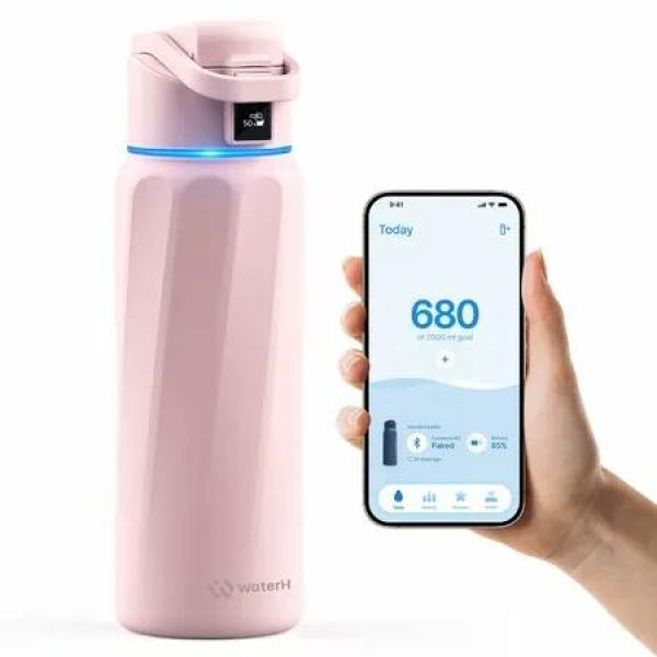 Boost Smart Water Bottle with Reminder to Drink Water, 24oz Stainless Steel Vacuum Insulated Water Bottle, Wide Mouth Water Tracker Bottle with APP-Pink
