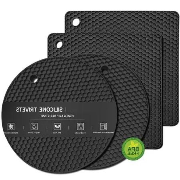 BPA Free Food Silicone Trivet Mats (4 Pack): Heat-Resistant, Multipurpose Non-Slip Hot Pads for Potholders, Hot Dishers, Jar Openers, and More (Black)