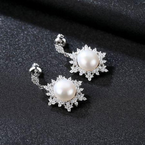 Bridal Snowflake Shape Shell Pearl Stud Earrings 925 Sterling Silver Wedding Jewelry