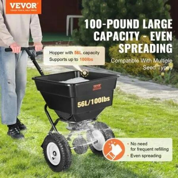 Broadcast Spreader, 100 LB Walk-Behind Turf Spreader with 12' Wheels, Steel Push Fertilizer Spreader, Garden Seeder, and Salt Spreader, Designed for Residential, Farm, and Tough Terrain, Black