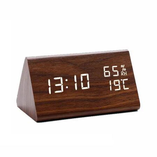 Brown Color Wooden Triangular LED Alarm Clock Desktop Digital Thermometer And Electronic Clock