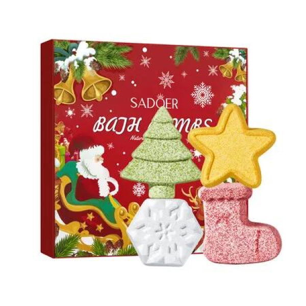 Bubbly Organic Bath Bombs Gift Set of 4 Christmas Tree Ginger bread Bath Salt Balls Skin Cleansing Softening Christmas Birthday Gifts