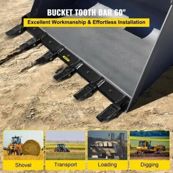 Bucket Tooth Bar 60'' Inside Bucket Width Tractor Bucket Teeth 9.84'' Teeth Space Tooth Bar for Loader Bucket 23TF Bolt on Tooth Bucket Enables Penetration