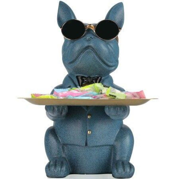 Bulldog Statue Key Bowl For Entryway Table Resin Storage Tray Modern Style Decorations For Home Table-Blue