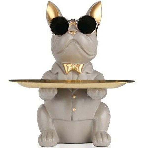 Bulldog Statue Key Bowl For Entryway Table Resin Storage Tray Modern Style Decorations For Home Table-Gray