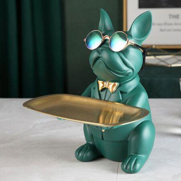 Bulldog Statue Key Bowl For Entryway Table Resin Storage Tray Modern Style Decorations For Home Table-Green