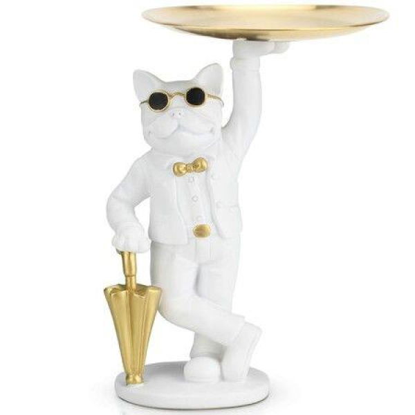 Bulldog Statues Home Decor Butler Statue With Tray Storage Key Holder Candy Jewelry Tray-White