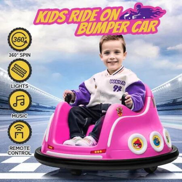 Bumper Car Kids Remote Control Electric Ride On Toy Race Vehicle 360 Degree Spin Led Light Music Driving Safety Belt 6V Battery Joystick Pink