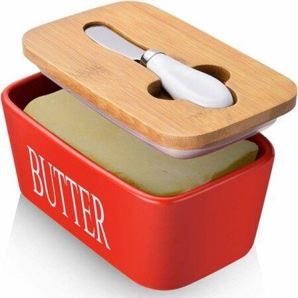 Butter Dish with Lid for Countertop Large Butter Dish Ceramics Butter Keeper Container High-Quality Silicone Sealing Butter Dishes with Covers Good Kitchen Gift Red