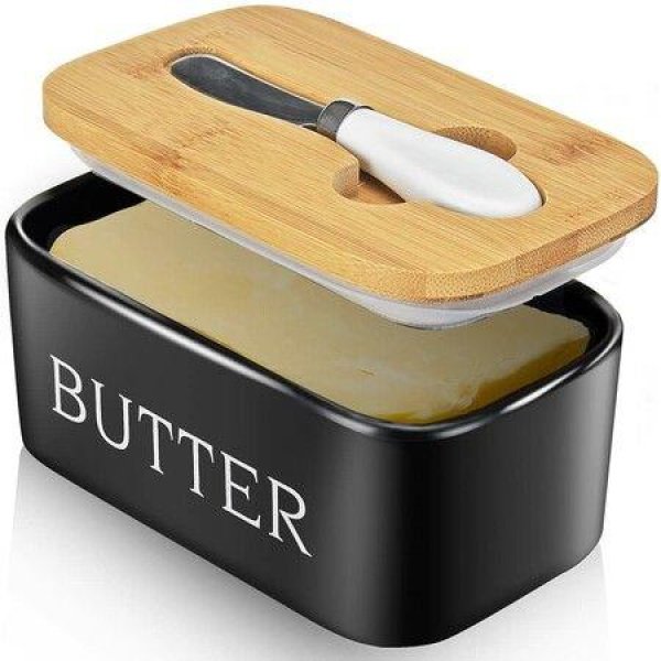 Butter Dish with Lid for Countertop Large Butter Dish Ceramics Butter Keeper Container Silicone Sealing Butter Dishes with Covers Good Kitchen Gift Black