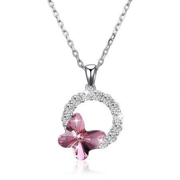 Butterfly Romantic Round Pendant Necklace Pink/Platinum Plated.