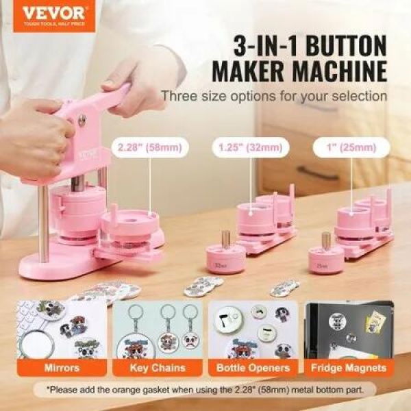 Button Maker, 1/1.25/2.28 inch(25/32/58mm) 3-IN-1 Pin Maker, 300pcs Button Parts, Button Maker Machine with Panda Magic Book, Ergonomic Arc Handle Punch Press Kit, For Children DIY Gifts, Pink