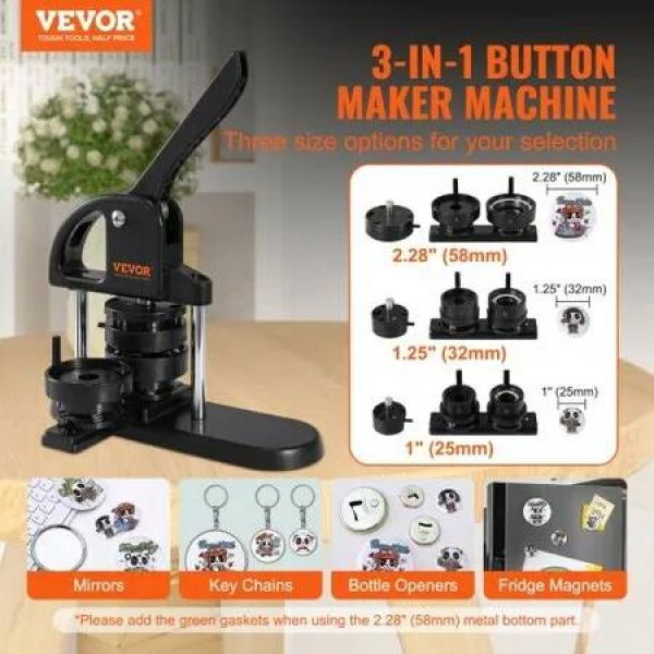 Button Maker Machine, 1/1.25/2.28 inch(25/32/58mm) 3-in-1 Pin Maker, Installation-Free Badge Punch Press Kit, Button Making Supplies with 300pcs Button Parts, Circle Cutter, Magic Book