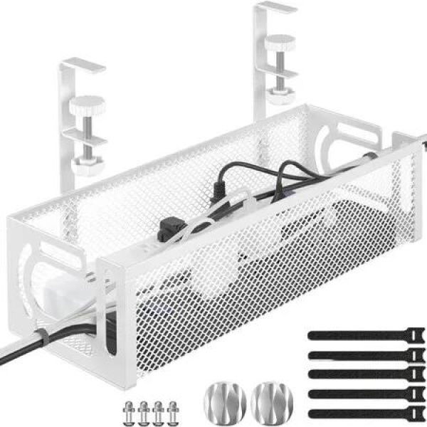 Cable Management Under Desk Cable Management No Drill,Metal Cable Organiser with Clamp for Standing Desk,Cord Organiser for Home Office,White