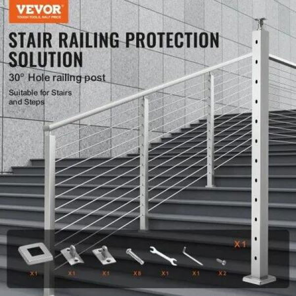 Cable Railing Post 42' x 2' x 2' Steel 30degree Angled Hole Stair Railing Post 12 Pre-Drilled Holes SUS304 Stainless Steel Cable Rail Post