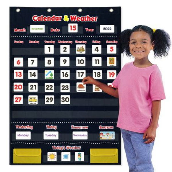 Calendar Pocket Chart Calendar Weather With 142 Spanish Flash Cards Classroom Teaching Home (Black)