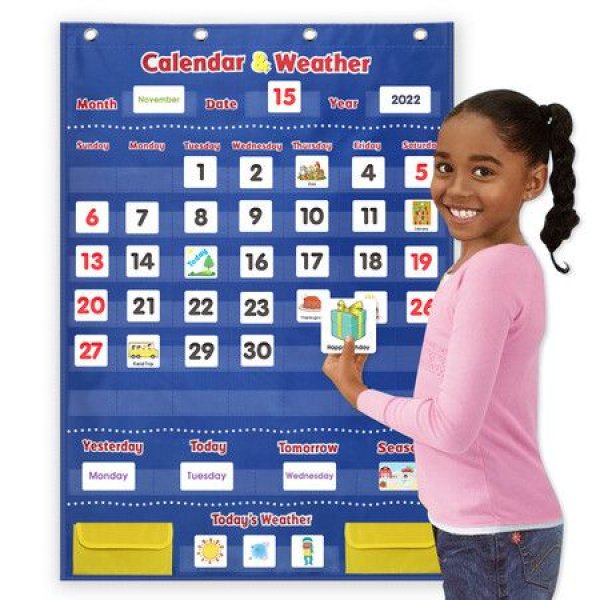 Calendar Pocket Chart Calendar Weather With 142 Spanish Flash Cards Classroom Teaching Homeschooling (Blue)