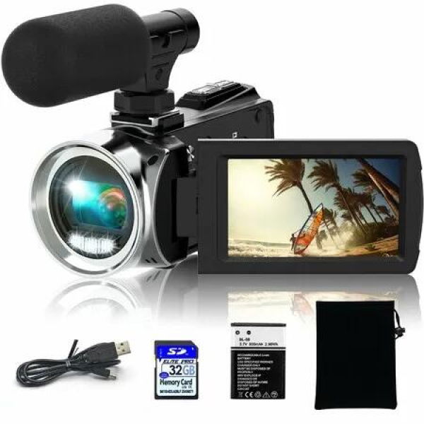 Camcorder 4K 48MP Vlogging Recorder HD Video Camera 3Inch LCD Screen 18X Digital Zoom 32GB SD Card Night Vision