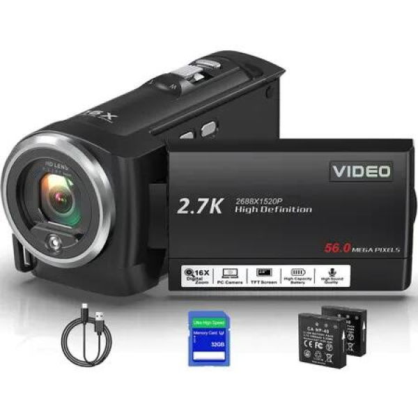 Camcorder Video Camera QHD 2.7K 56MP 16X Digital Zoom Vlogging Camera,2.8 Inch 270 Degree Rotation LCD Screen Camcorder with 32GB SD Card and 2 Batteries