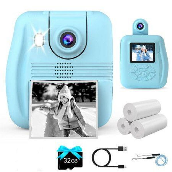 Camera Instant Print - Instant Print Camera for Kids, Inkless Camera Instant Print Digital Video Cameras Kids Toys (Blue)