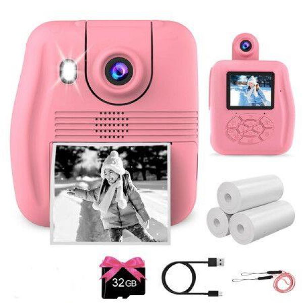 Camera Instant Print - Instant Print Camera for Kids, Inkless Camera Instant Print Digital Video Cameras Kids Toys (Pink)